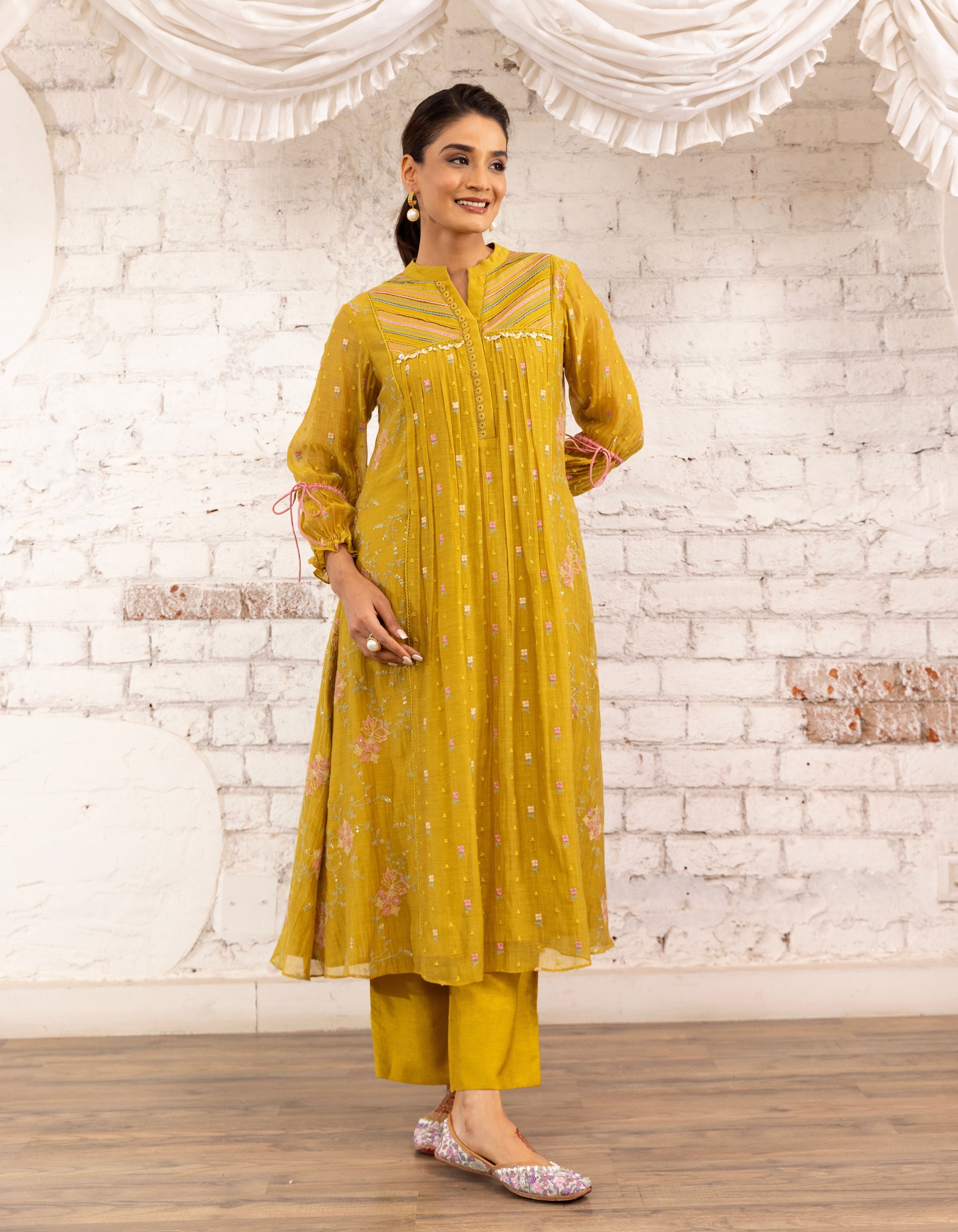 Mustard Threadwork Short Yoke  Noor Kurta Set