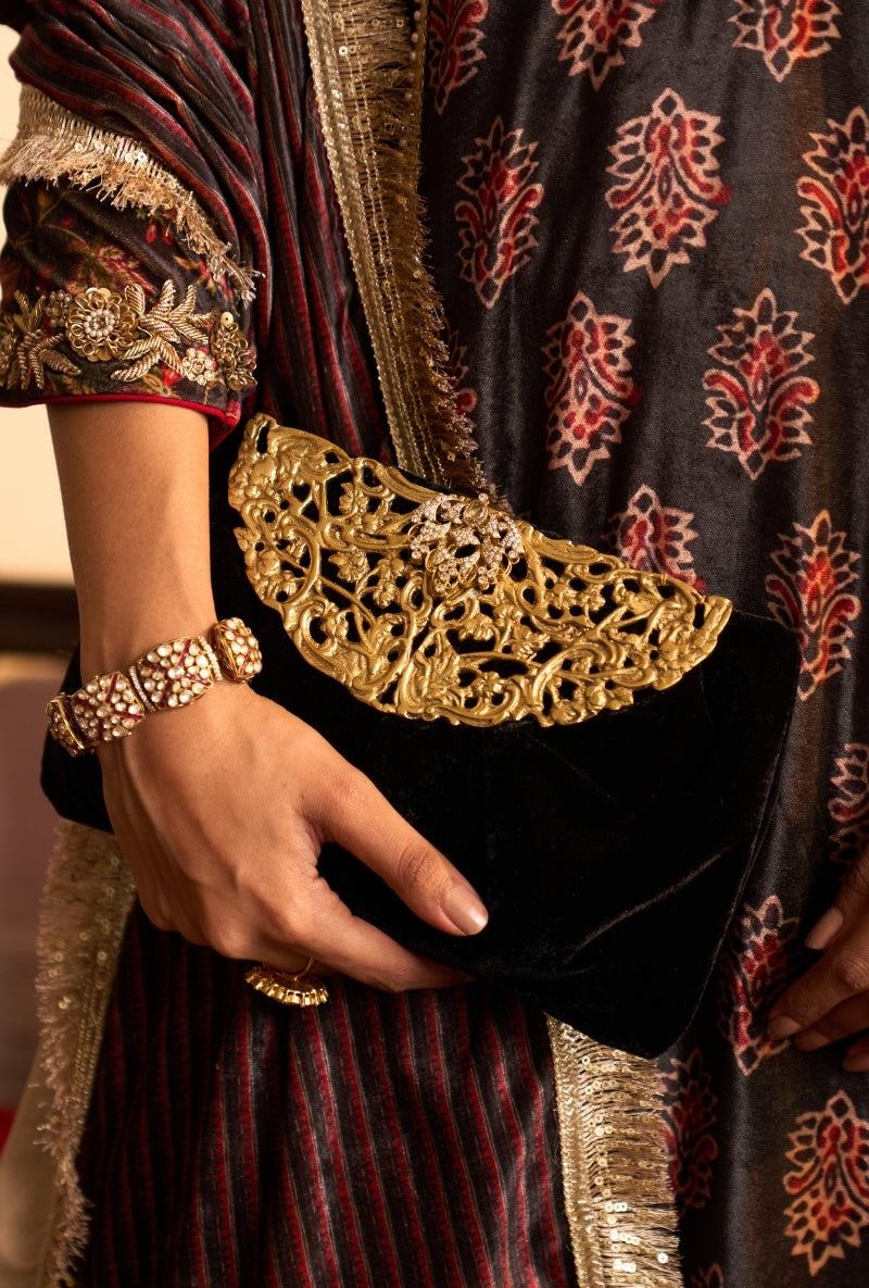 Charcoal Black Printed Panel Dilbar Kurta Set