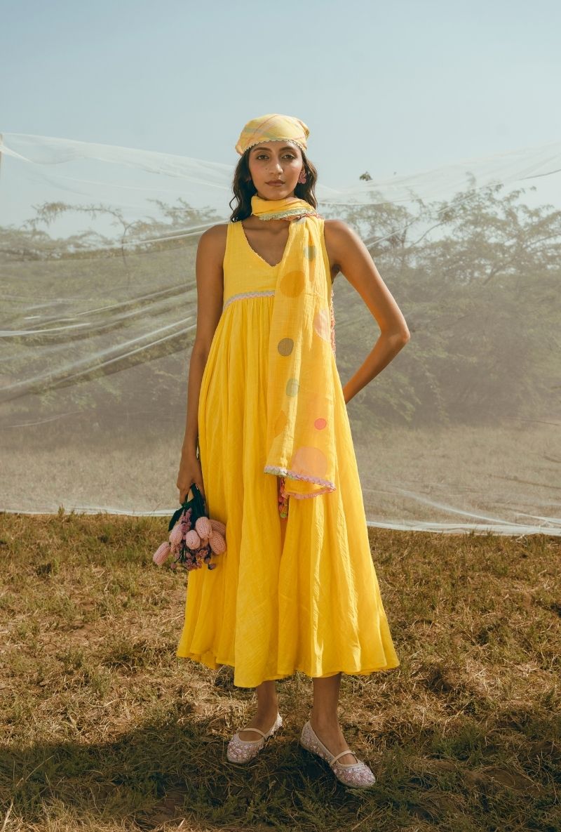 Yellow V-Neck Flared Barfi Dress