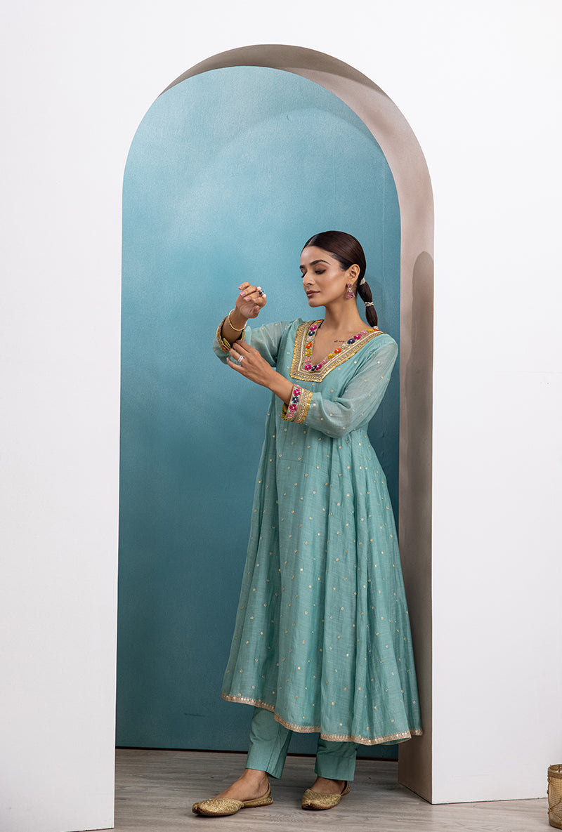 Aqua Floral Resham V Neck Raha Kurta Set