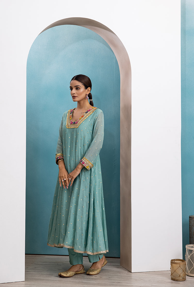 Aqua Floral Resham V Neck Raha Kurta Set