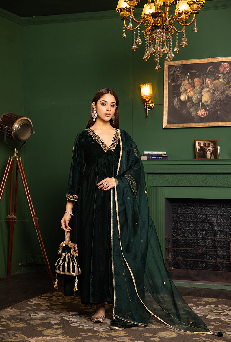 Bottle Green Velvet Empire Line Dastaan Kurta Set