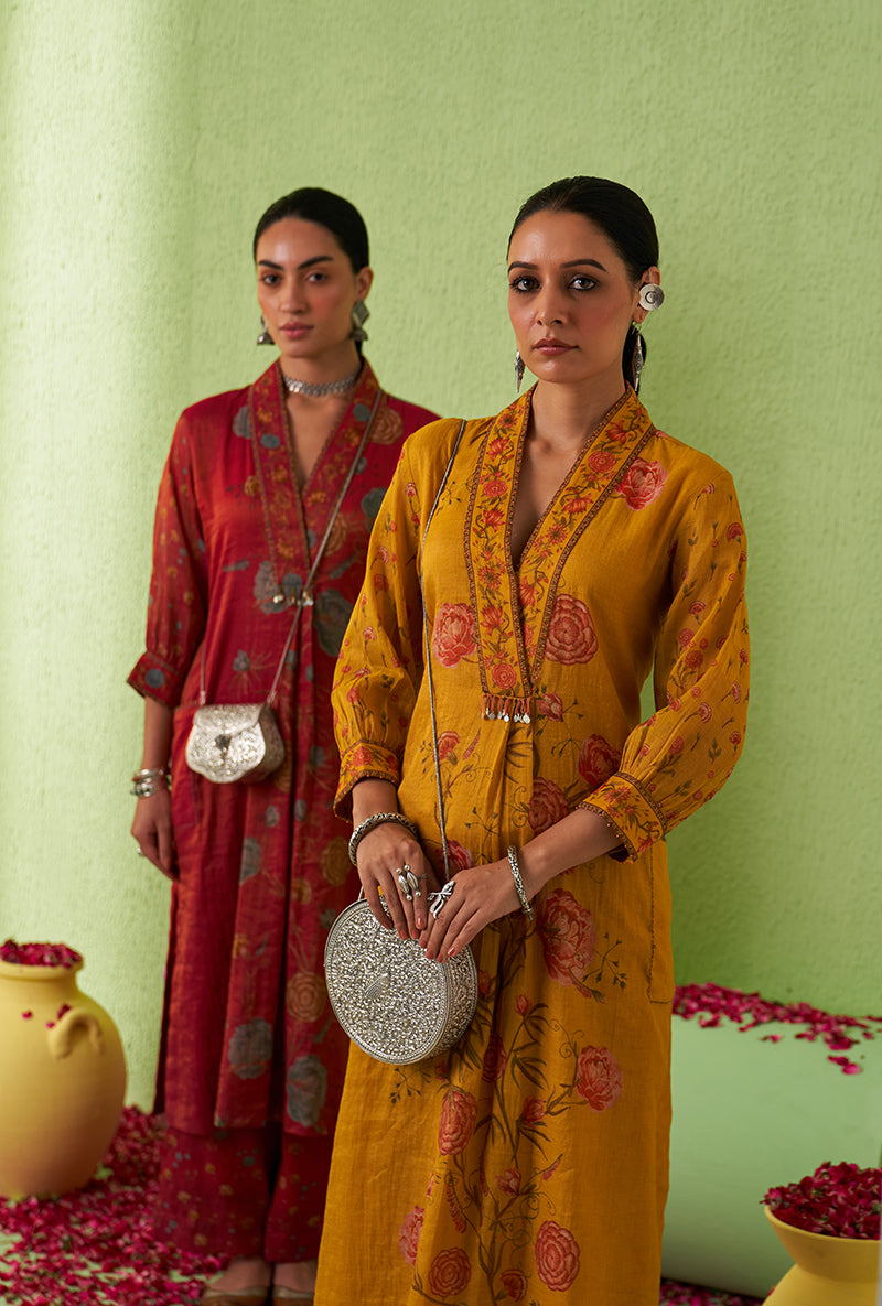 Mustard High Collar Floral Print Kurta Set