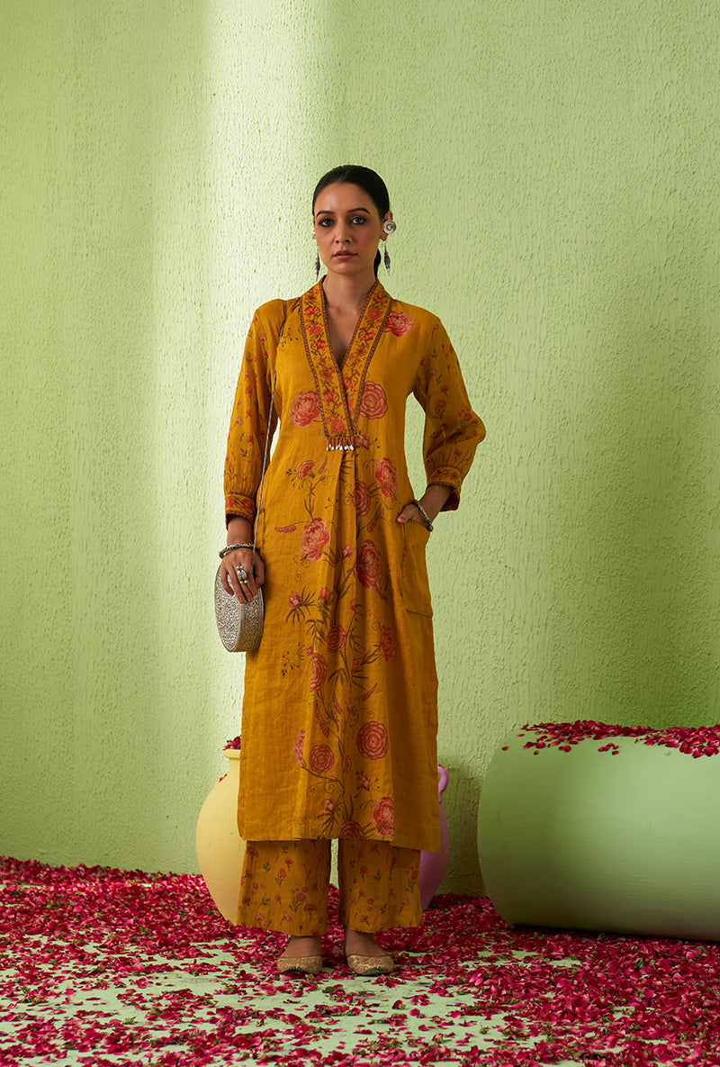 Mustard High Collar Floral Print Kurta Set