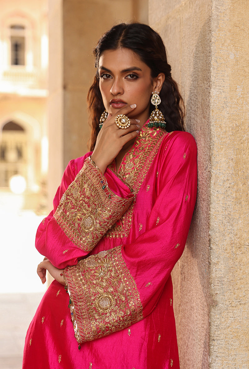 Shocking Pink Stand Collar Raag Kurta Set