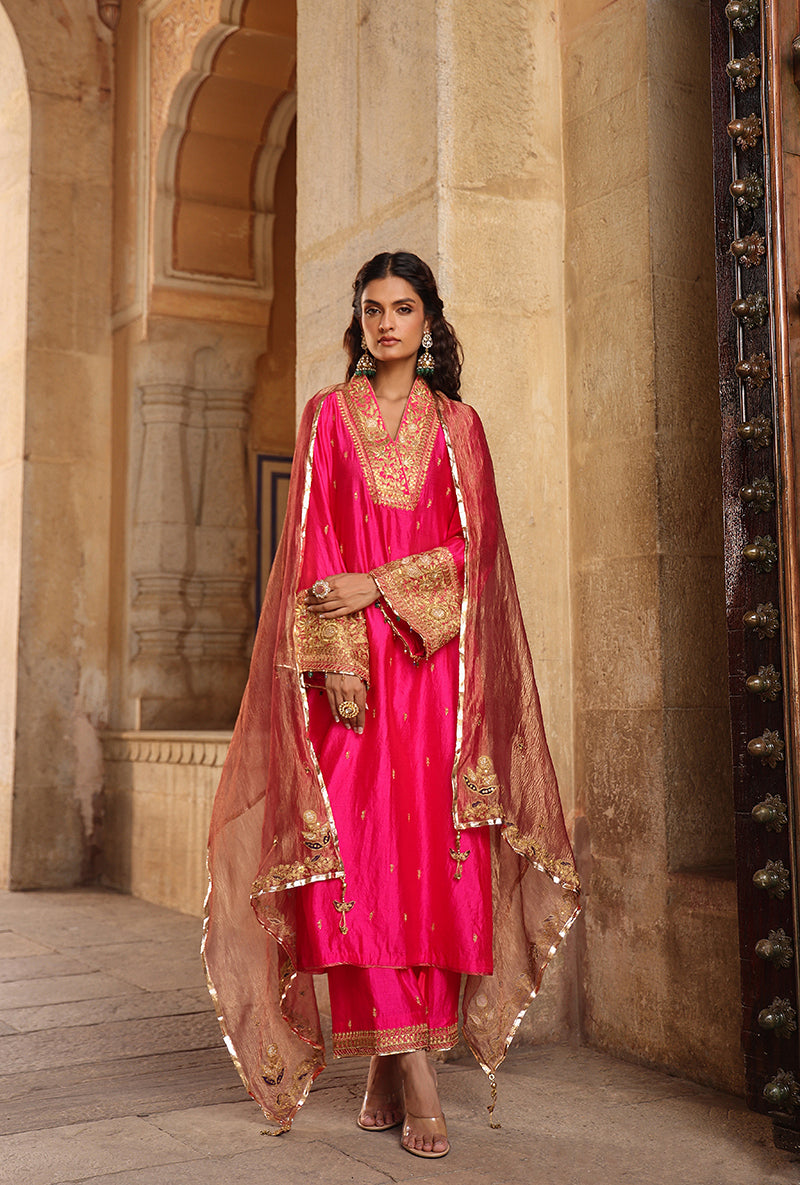 Shocking Pink Stand Collar Raag Kurta Set