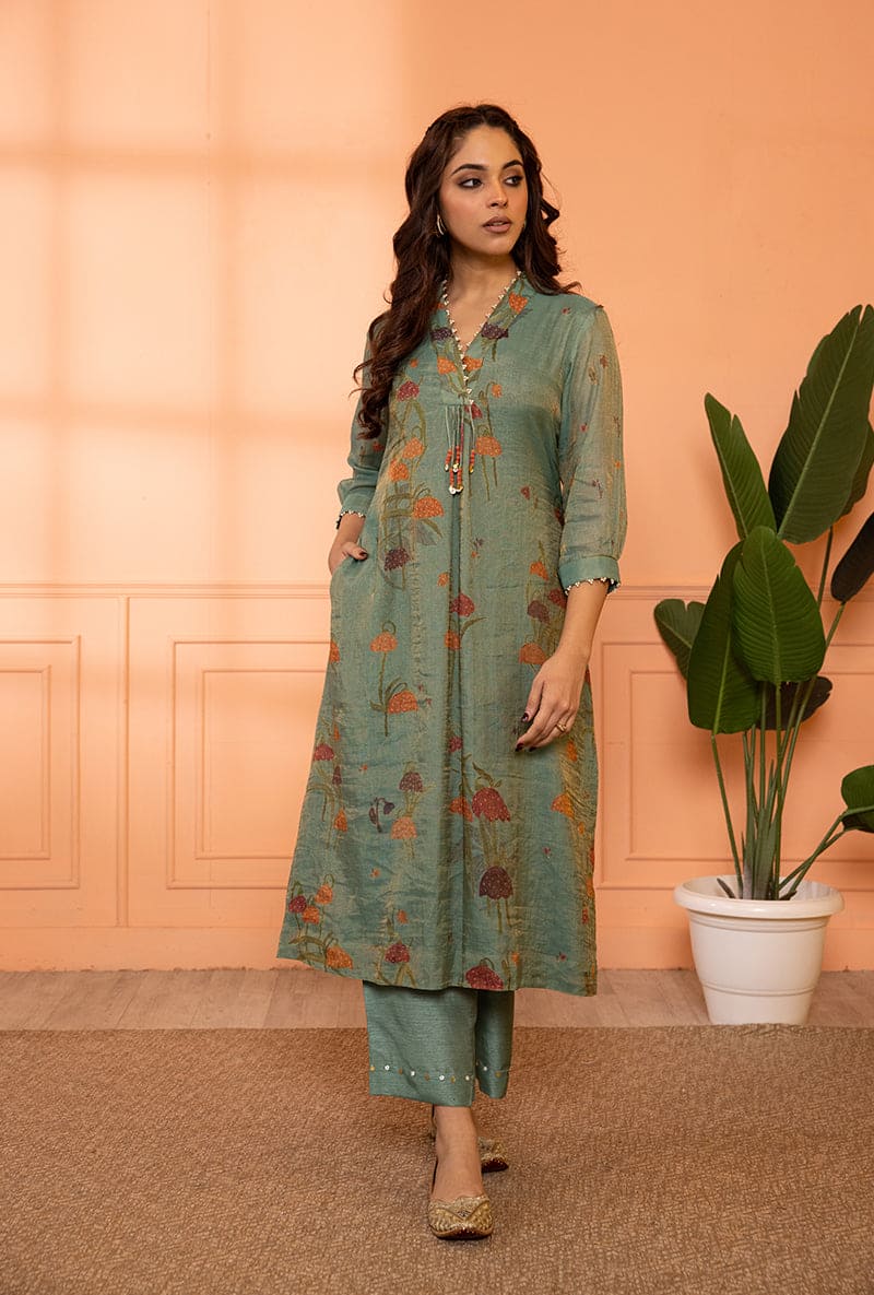 Mehal Kejriwal In Teal Blue High Collar Sia Kurta Set
