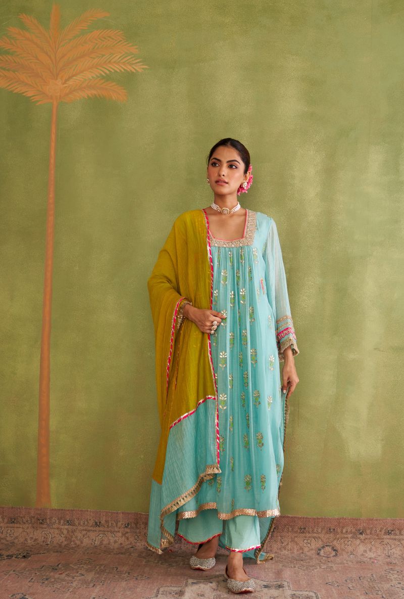 Aqua Embroidered Square Neck Morbagh Kurta Set