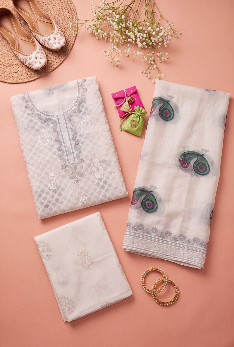 All Over Block Print Lucknowi Embroidery Unstitched Suit Set
