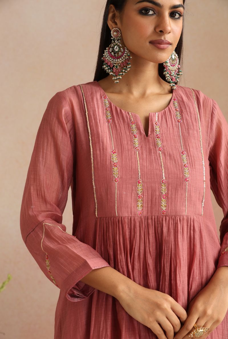 Coral Rose Hand Embroidered Yoke Itrh Kurta Set