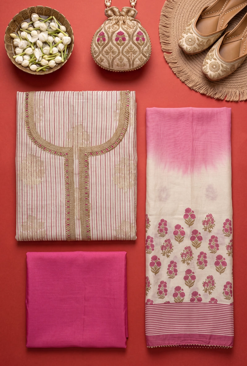 Banarsi Weaving Stripes Block Print Unsitched Suit Set