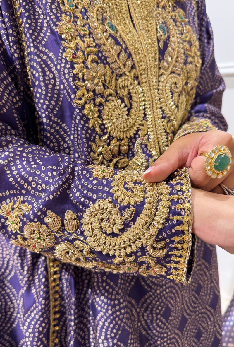 Meghna Nayyar in Purple Printed Pheran Short Kurta Set