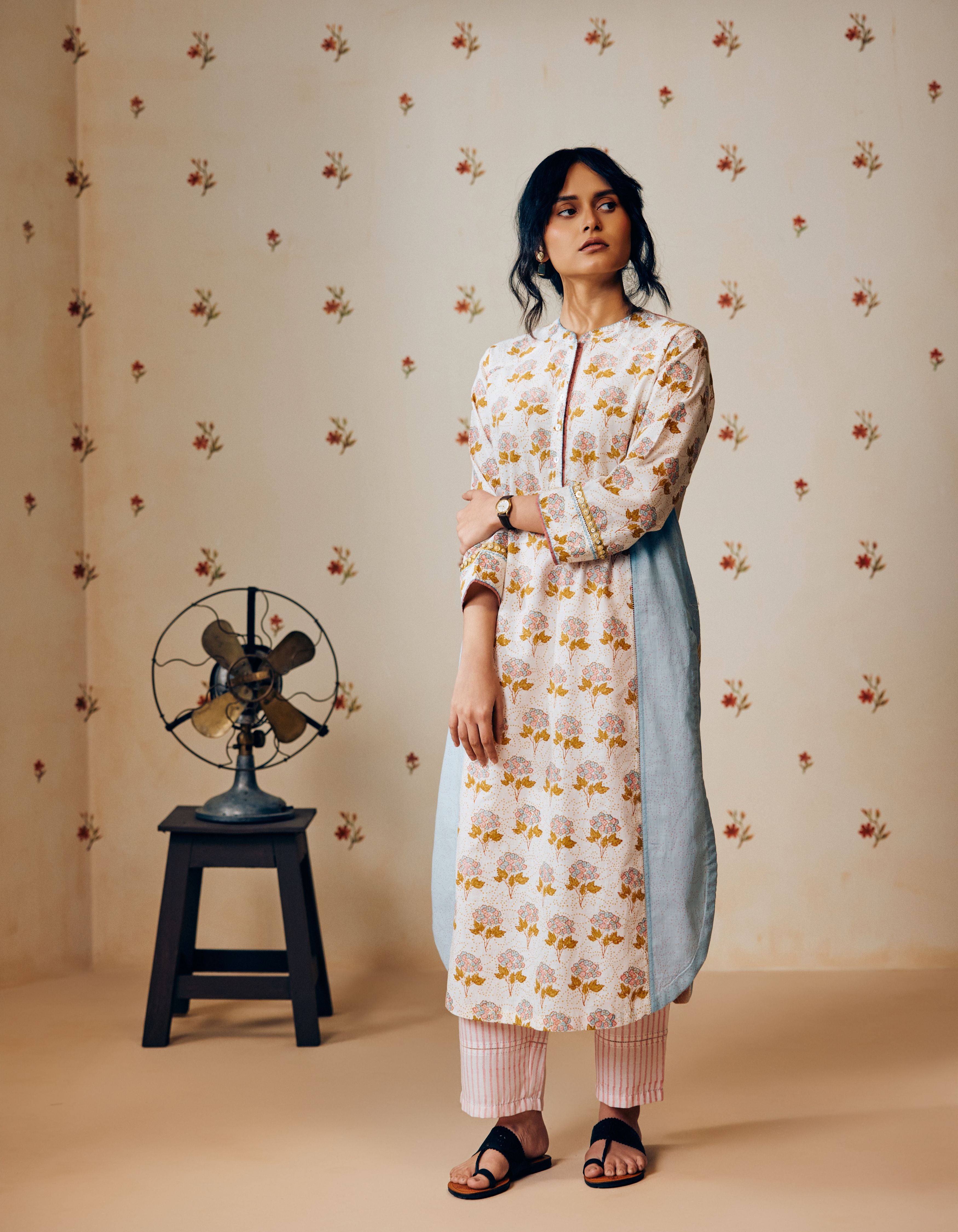 Off White And Powder Blue Mandarin Collar Floral Hand Block Printed Mia Kurta Set
