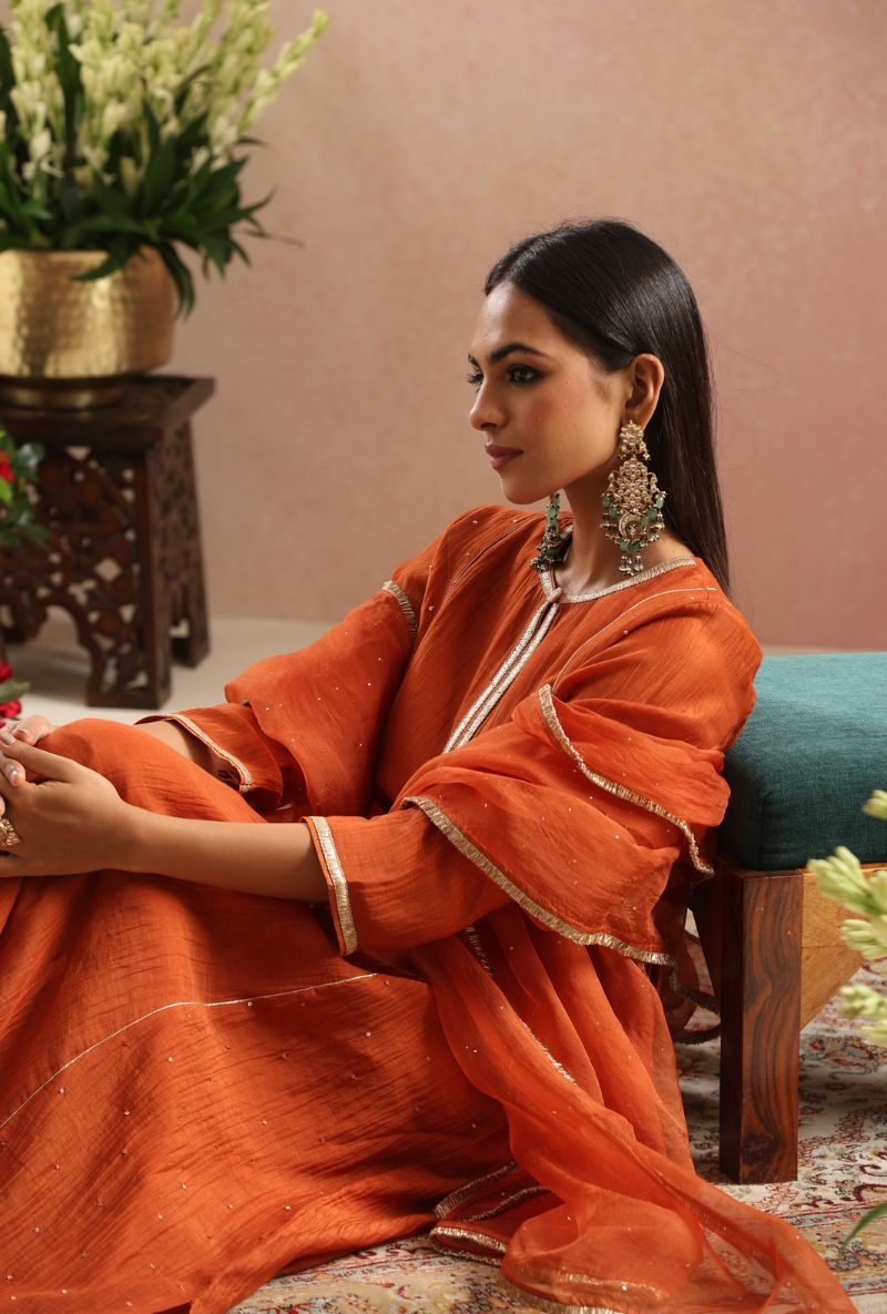 Burnt Orange Cheeta Work Itrh Kurta Set