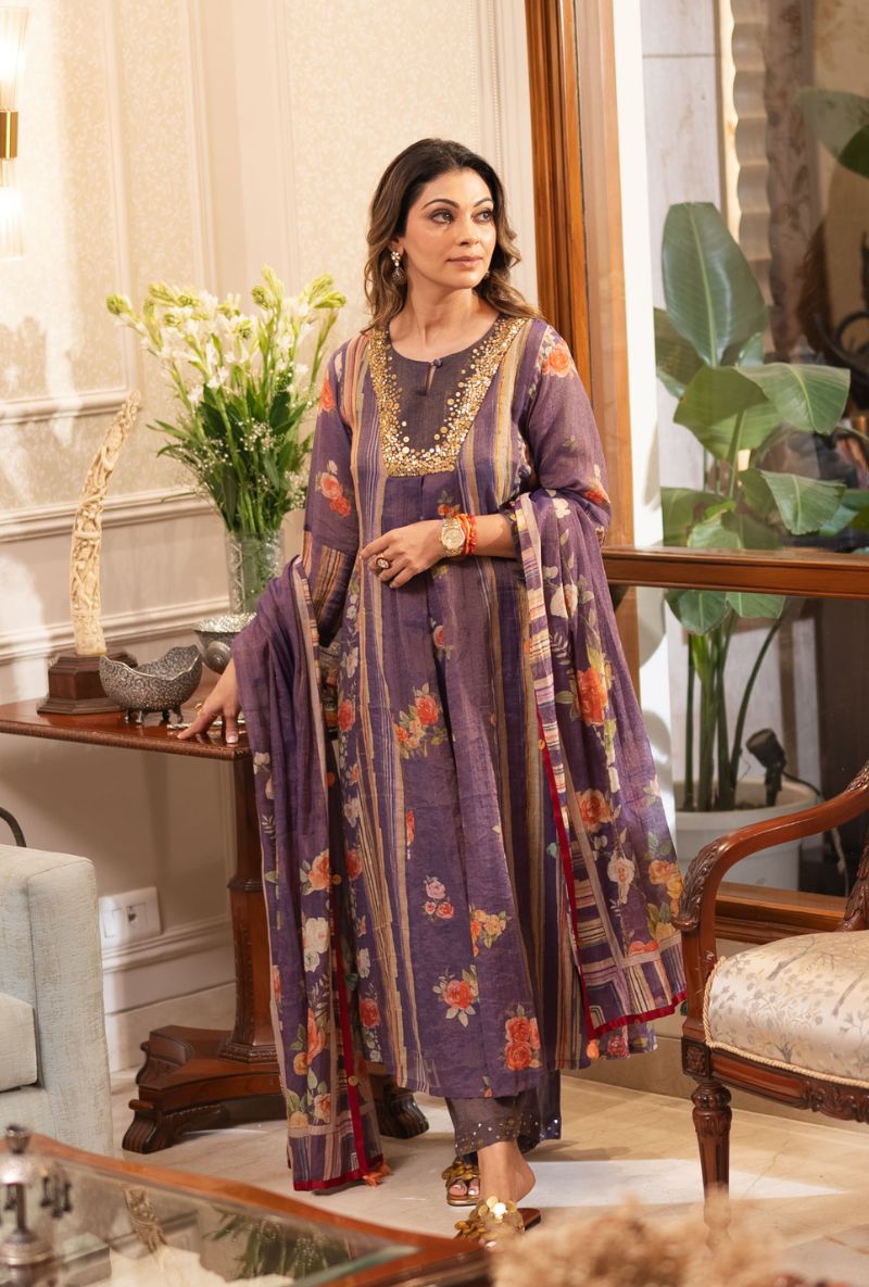 Meghna Nayyar in Purple Sequin Yoke Bageecha Anarkali Set