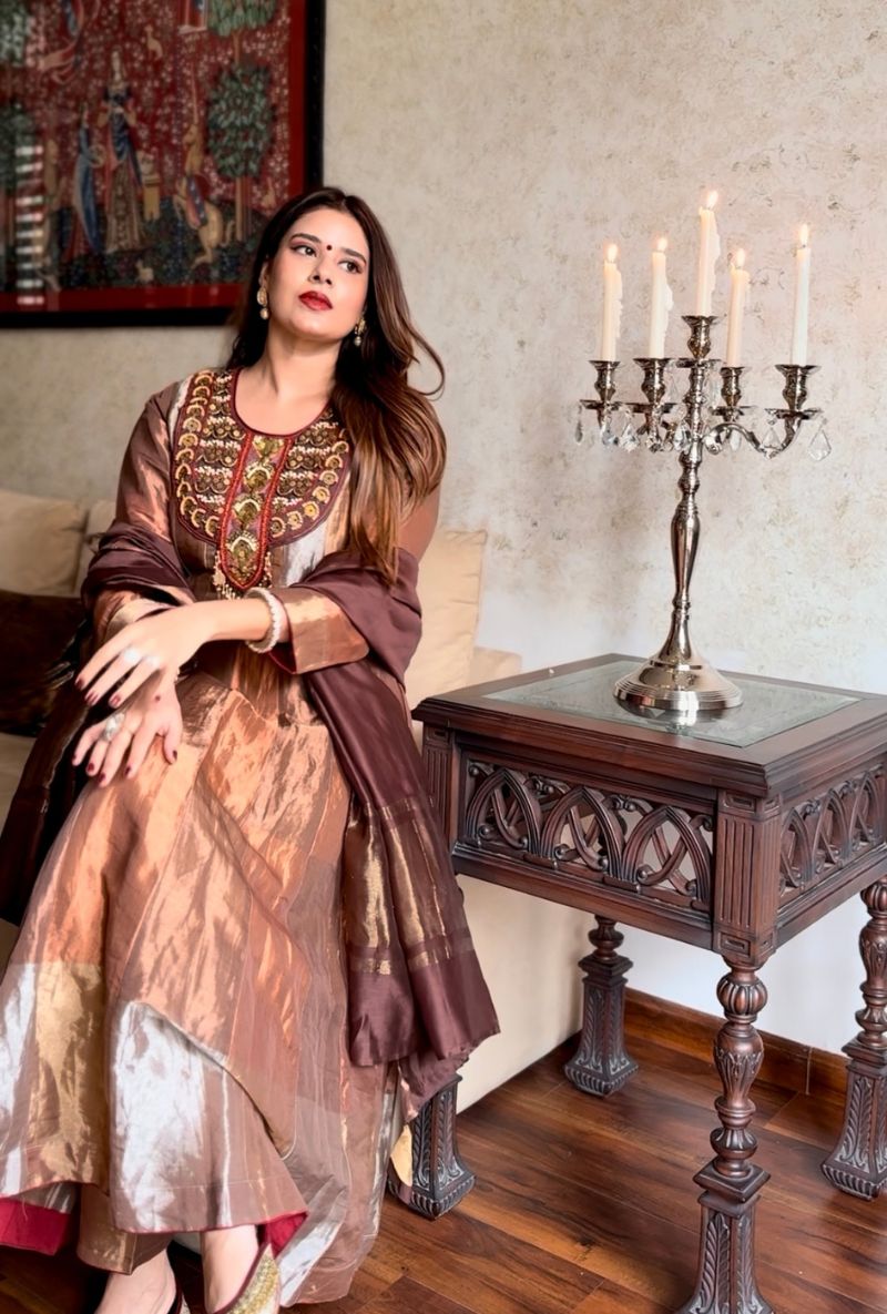 Taanya Hooda in Brown Metallic Zardosi Work Kainaat Anarkali Set