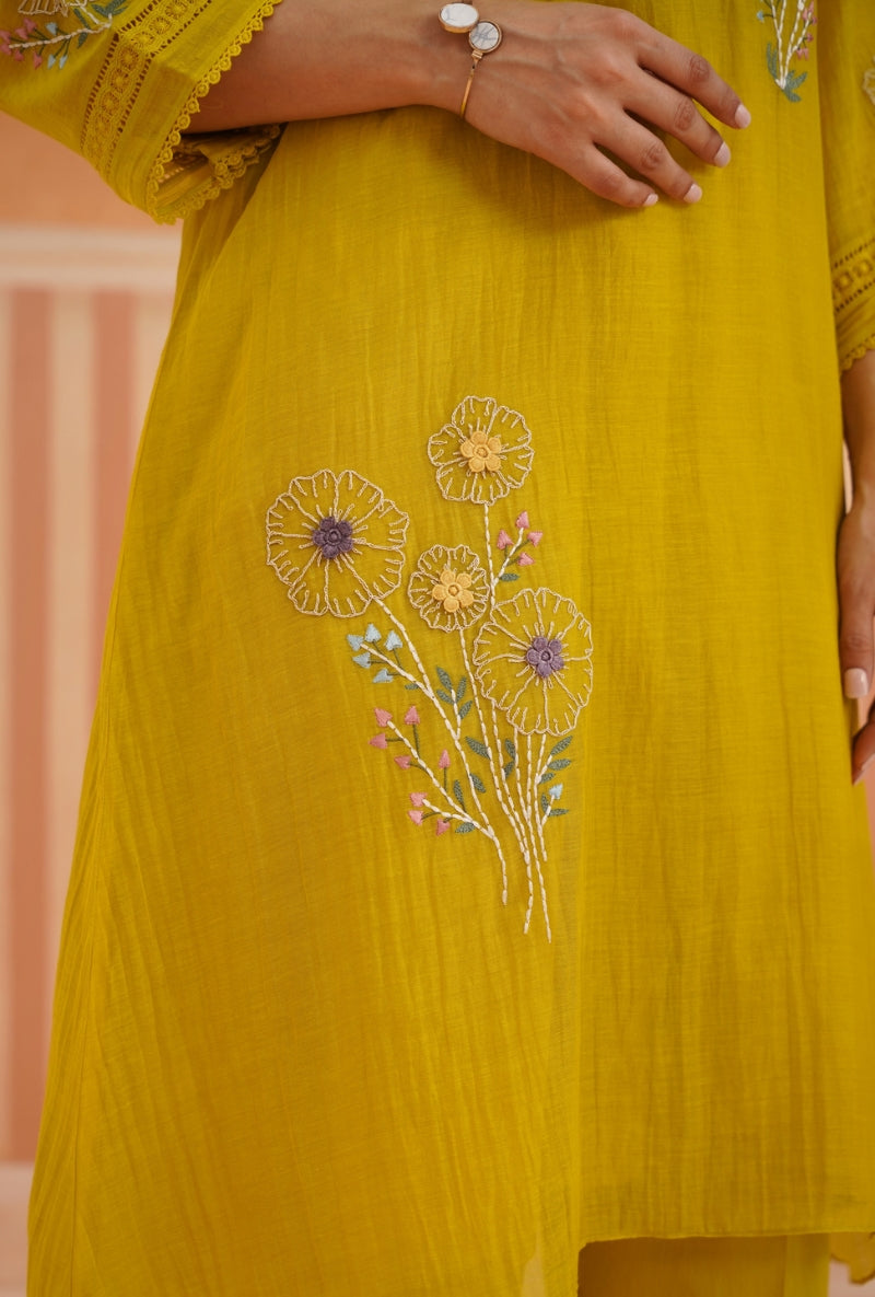 Lime Green A-Line With Delicate Dori Floral Embroidery Pehar Kurta Set