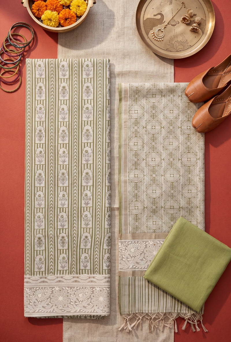 Stripes Floral Block Print All Over Unstitched Suit Set