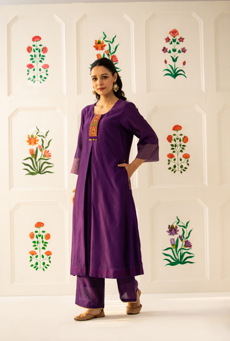 Purple Double Box Pleat Kishmish Kurta Set
