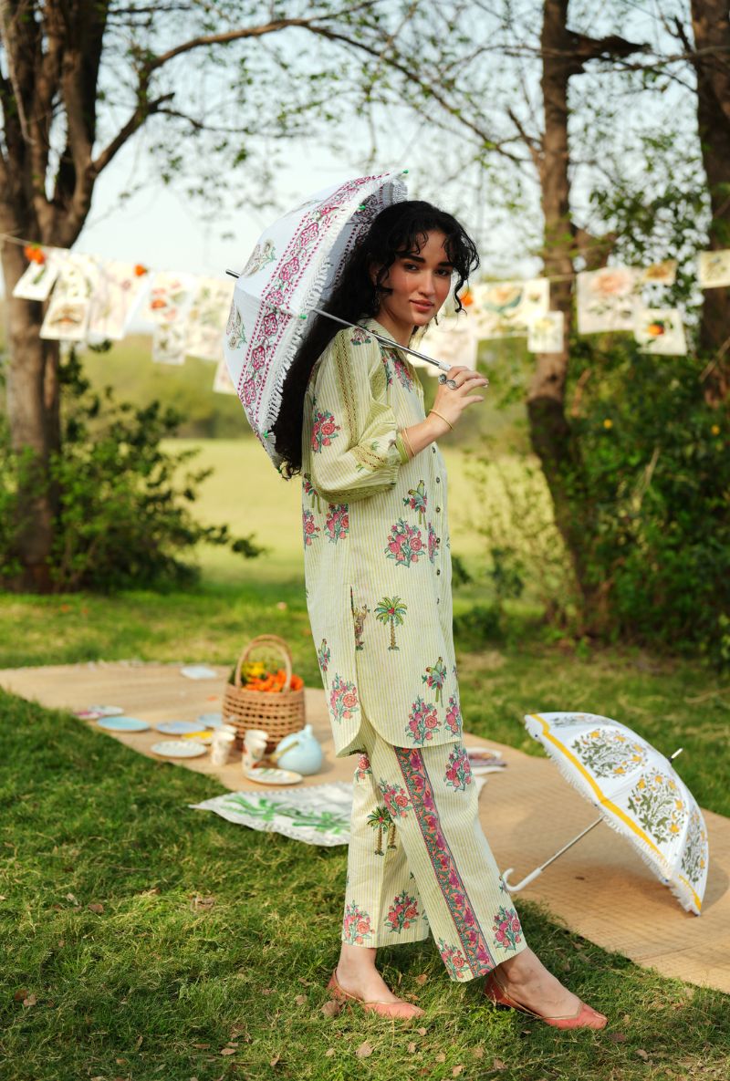 Pista Green Handblock Print Shirt Gulmohar Co-ord Set