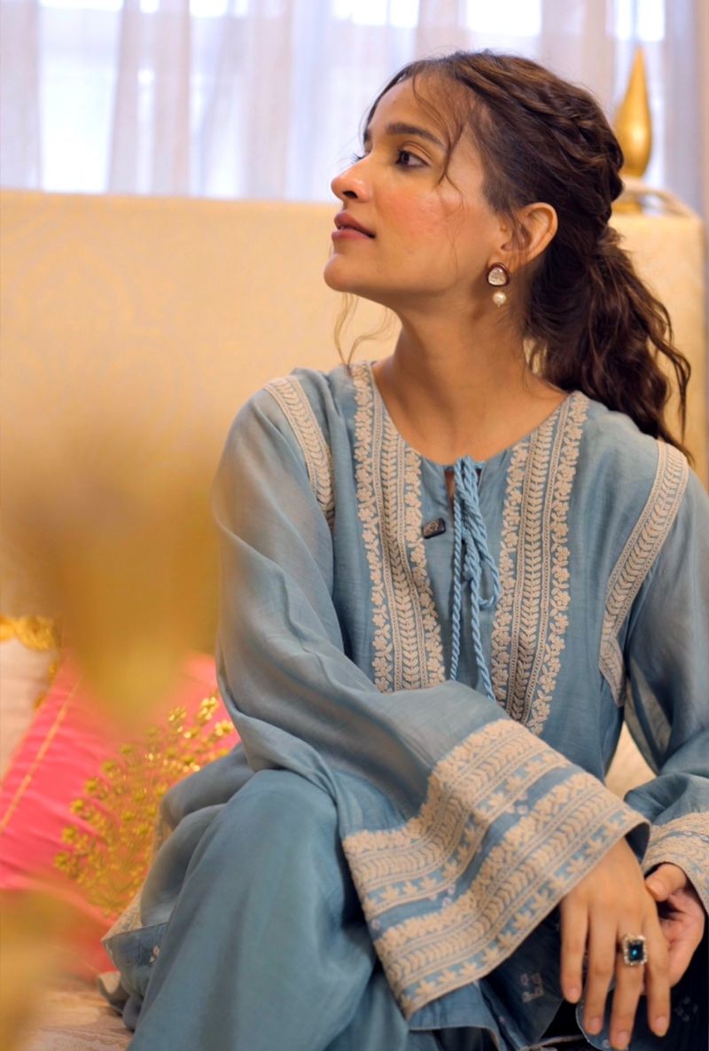 Varsha Rana in Powder Blue A-Line Naveli Farshi Kurta Set