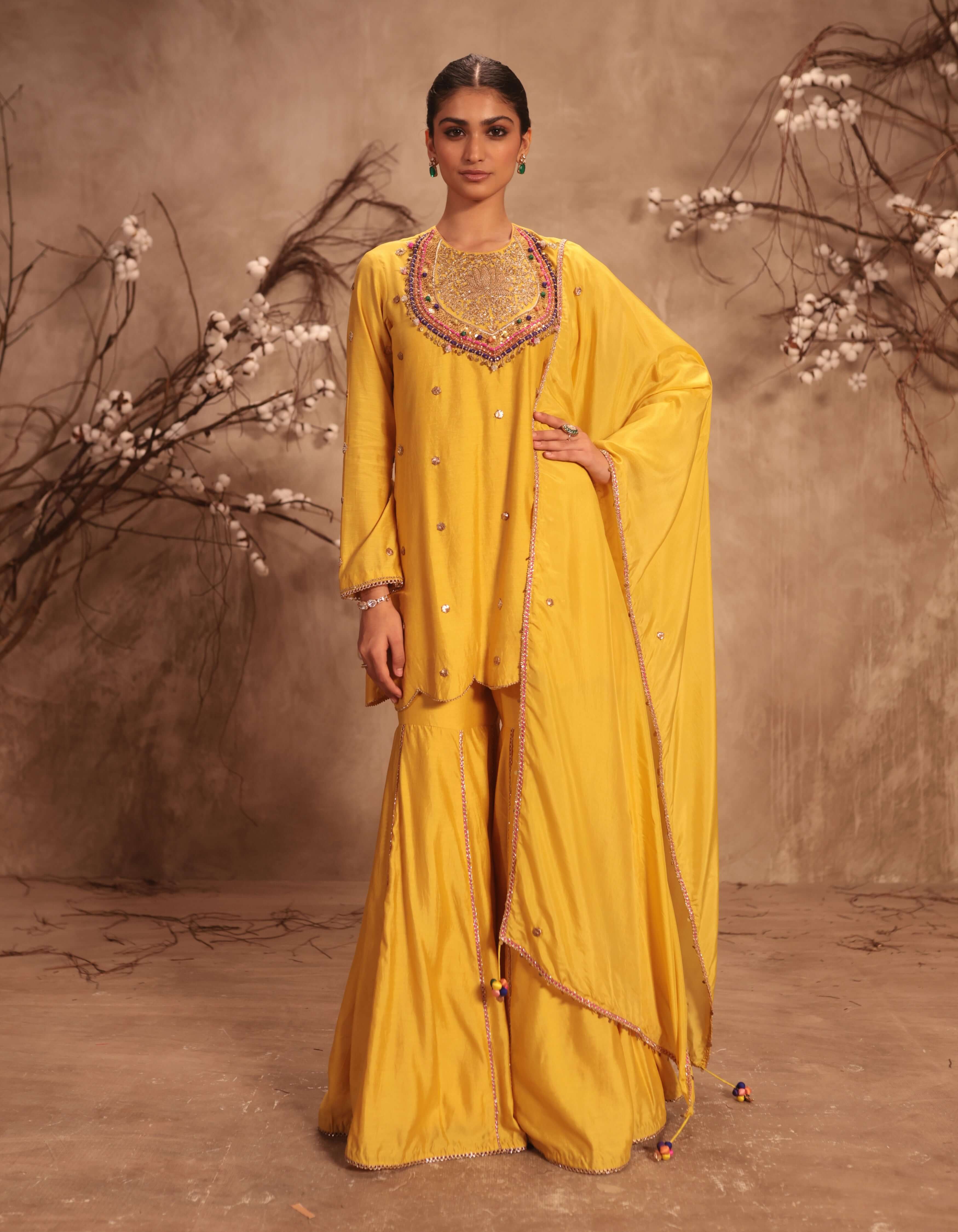 Yellow Lotus Yoke Rani Sharara Set