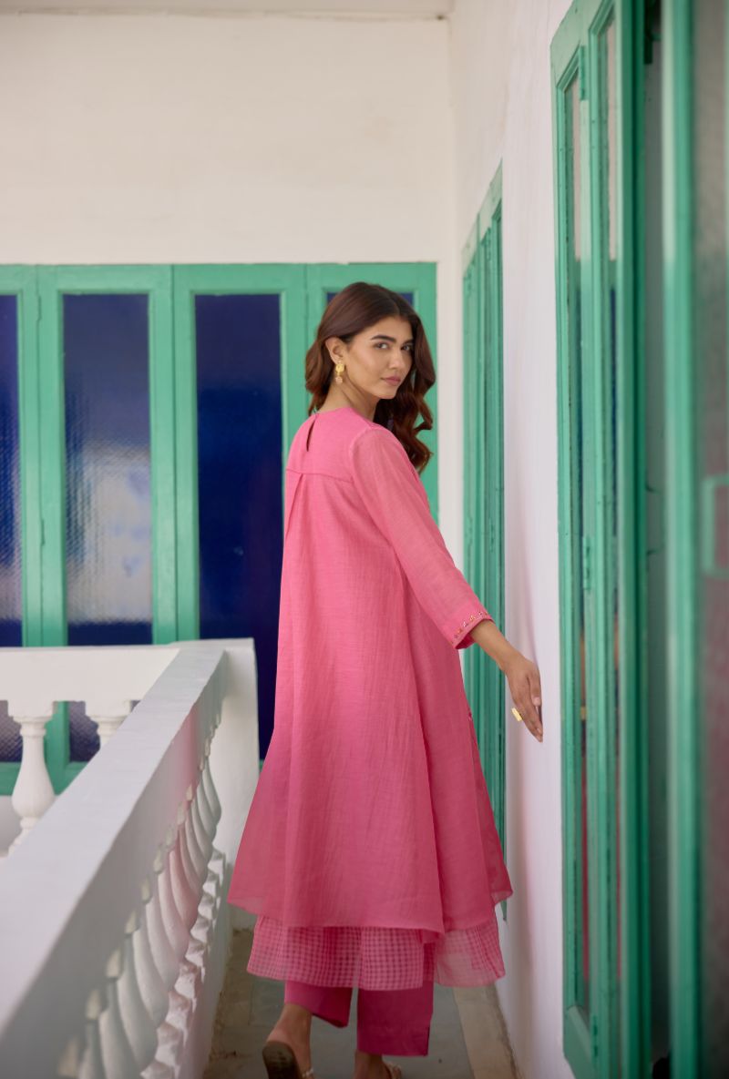 Pink Floral Embroidered &amp; Pintucks Vaidehi Kurta Set
