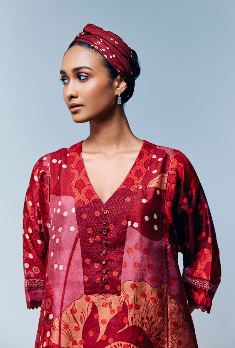 Deep Red Hand Printed  Quilted Neckline  Eden Co-Ord Set