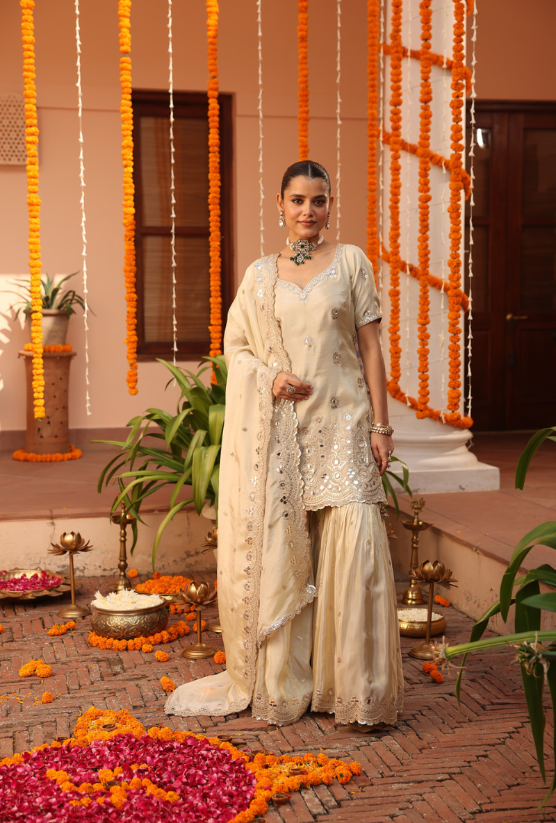 Beige V- Neck Zari And Mirror Tissue Hoor 3.0 Gharara Set