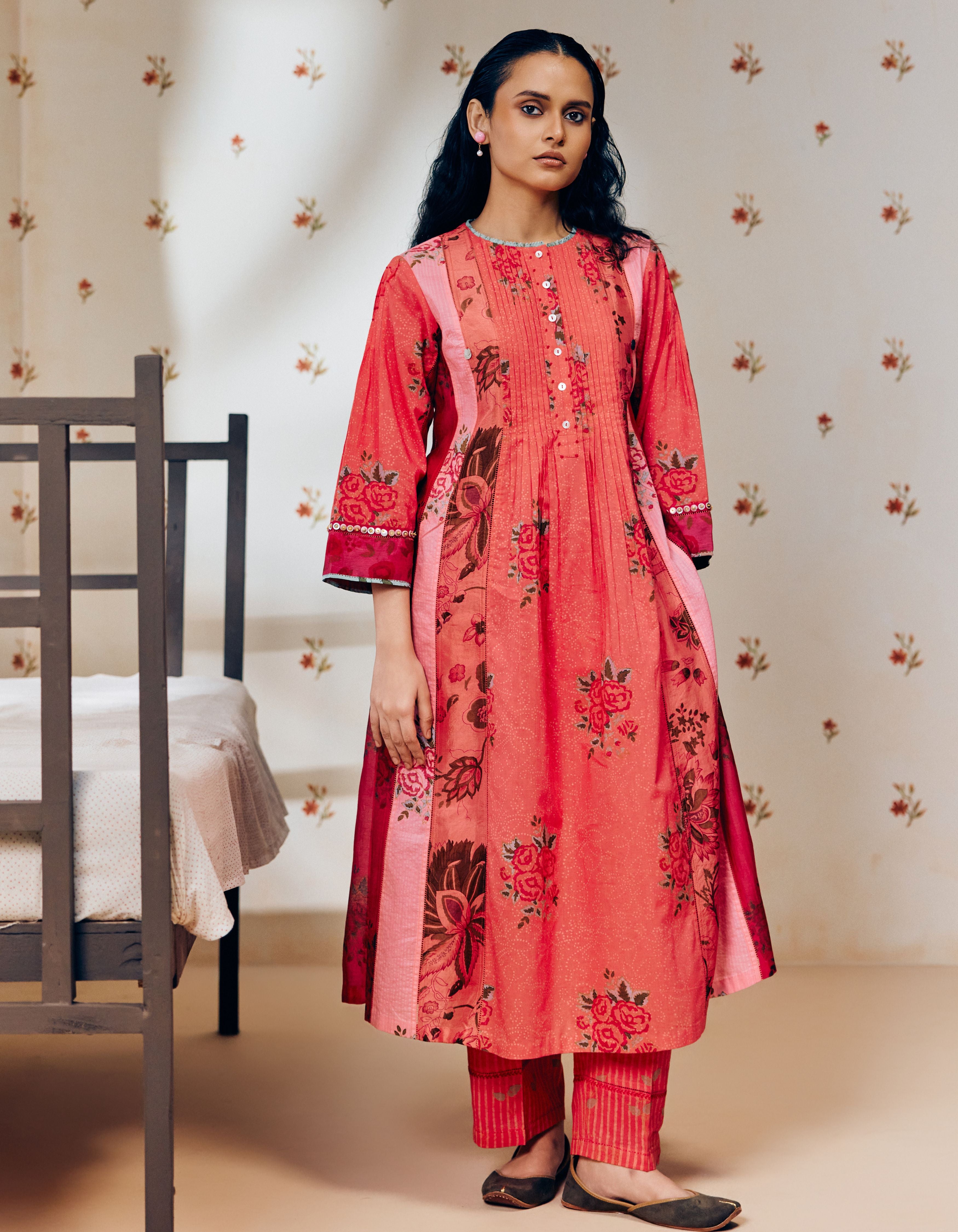 Rani Pink Pintuck Hand Block Printed Multi Panel Mia Kurta Set