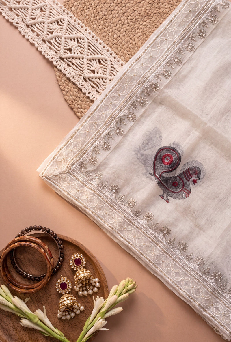 All Over Block Print Lucknowi Embroidery Unstitched Suit Set