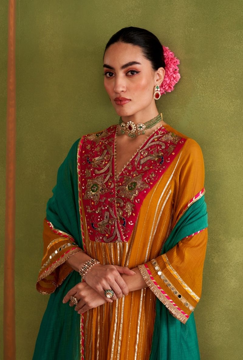 Mustard Embroidered Overlap Morbagh Kurta Set