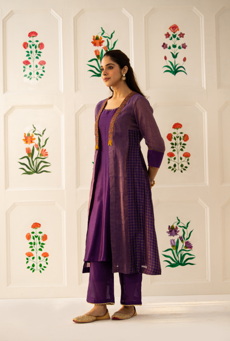 Purple Check And Stripe Kishmish Jacket Set