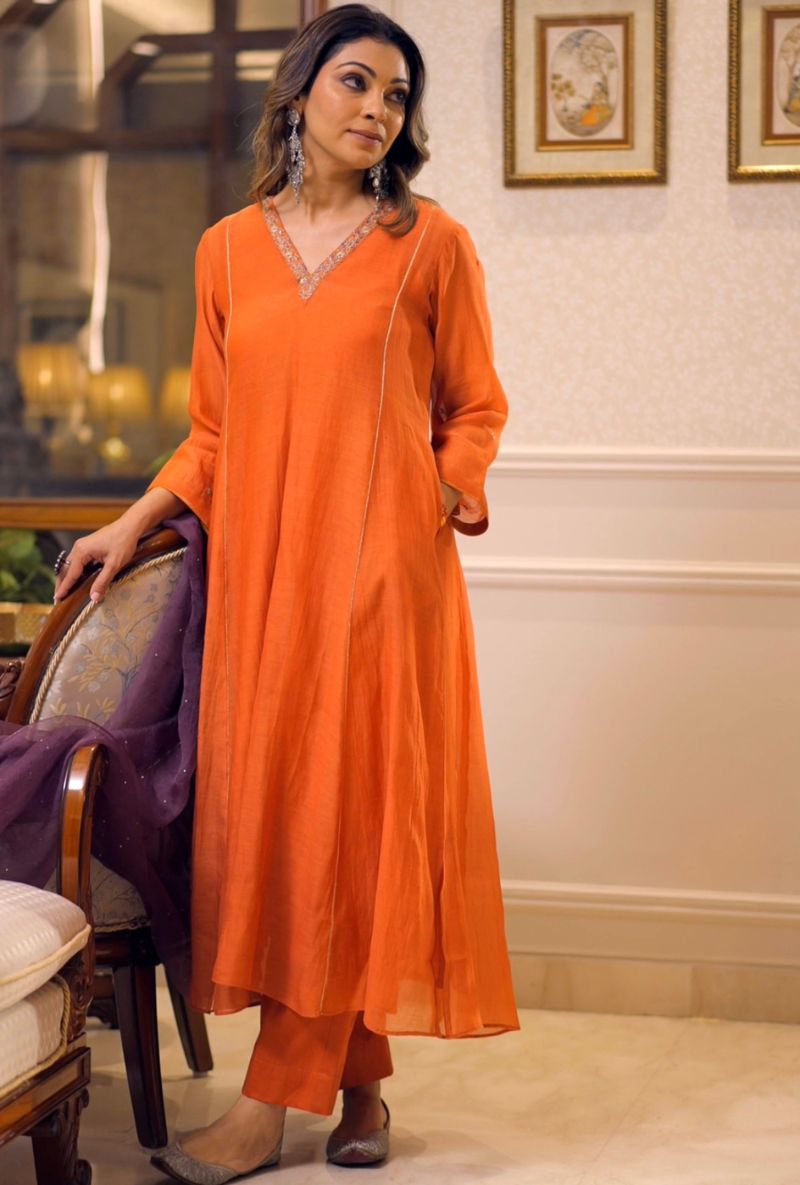 Meghna Nayyar in Burnt Orange A-Line Raas Kurta Set