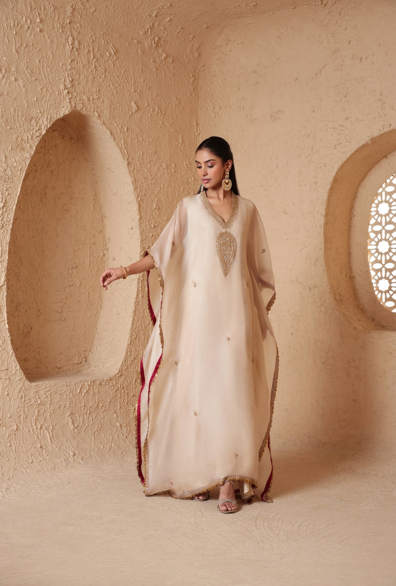 Ivory Dori Embroidery Yoke Nihira Kaftan