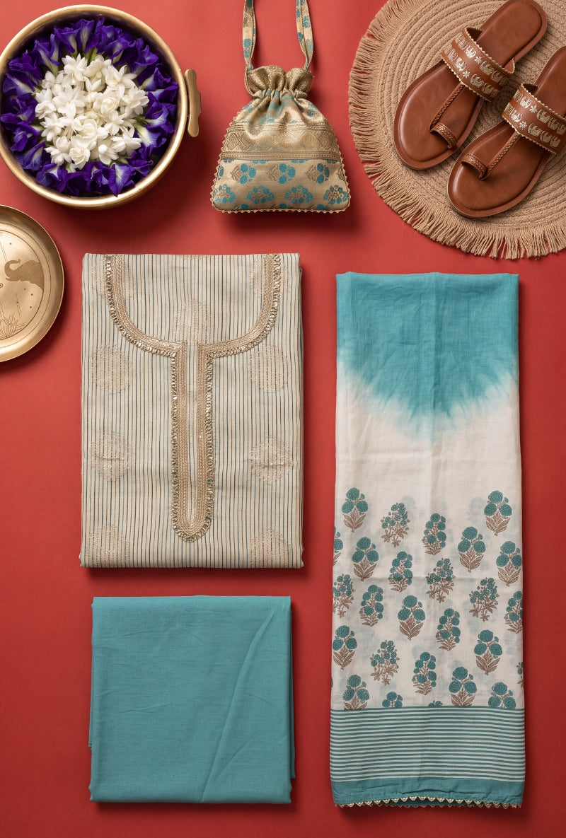 Banarsi Weaving Stripes Block Print Unsitched Suit Set