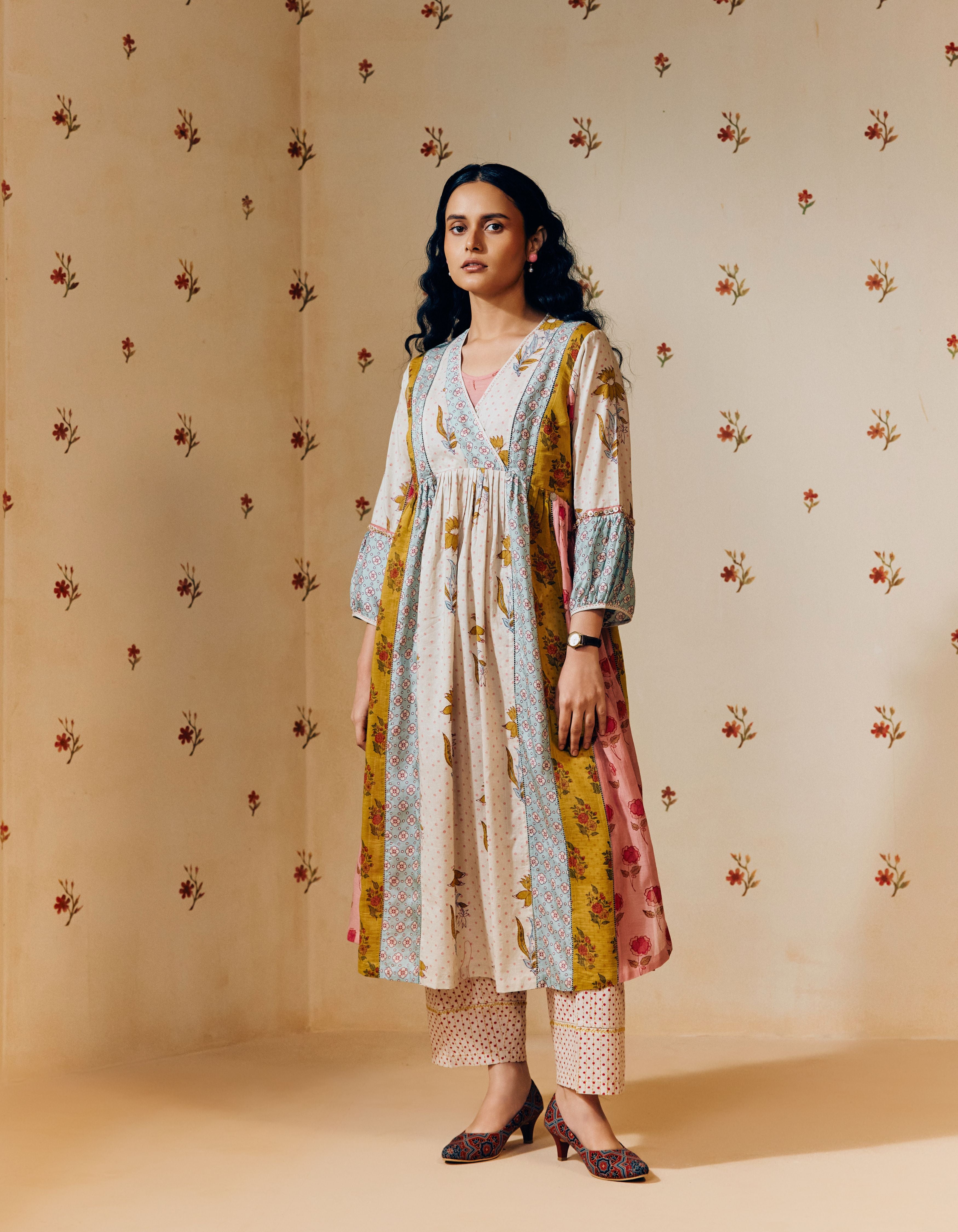 Multi Colour V- Neck Hand Block Printed Multi Panel Mia Kurta Set