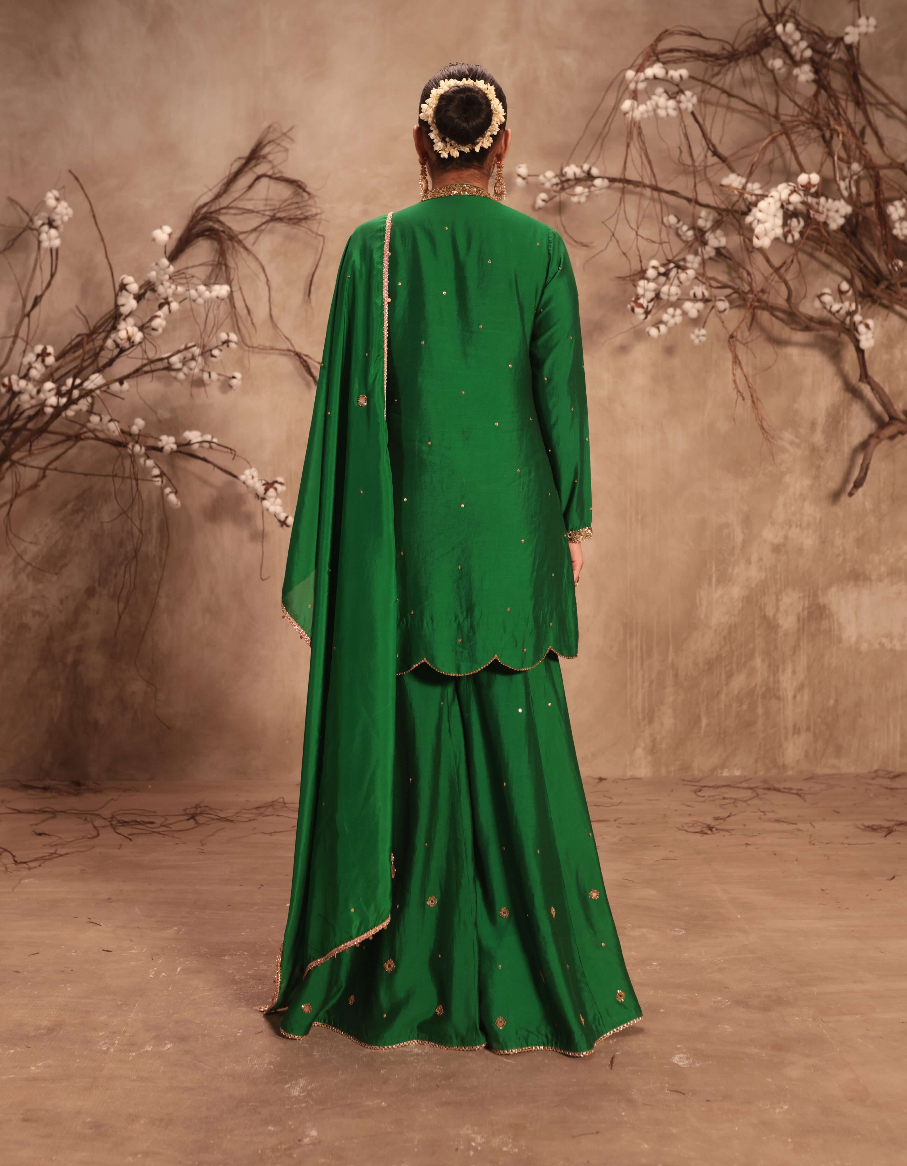 Green Mirror Work Rani Sharara Set