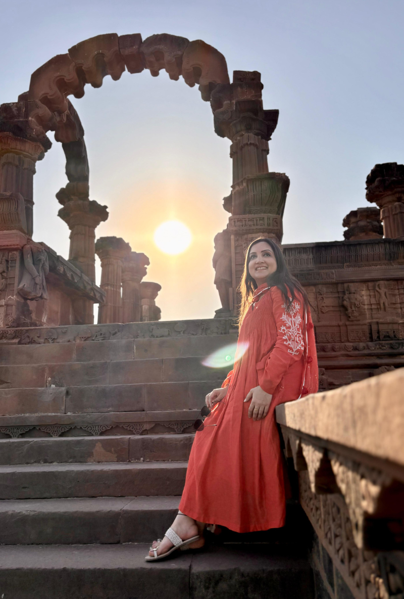 Madhuri Grover in Coral Motif Pintuck Inaya Kurta Set