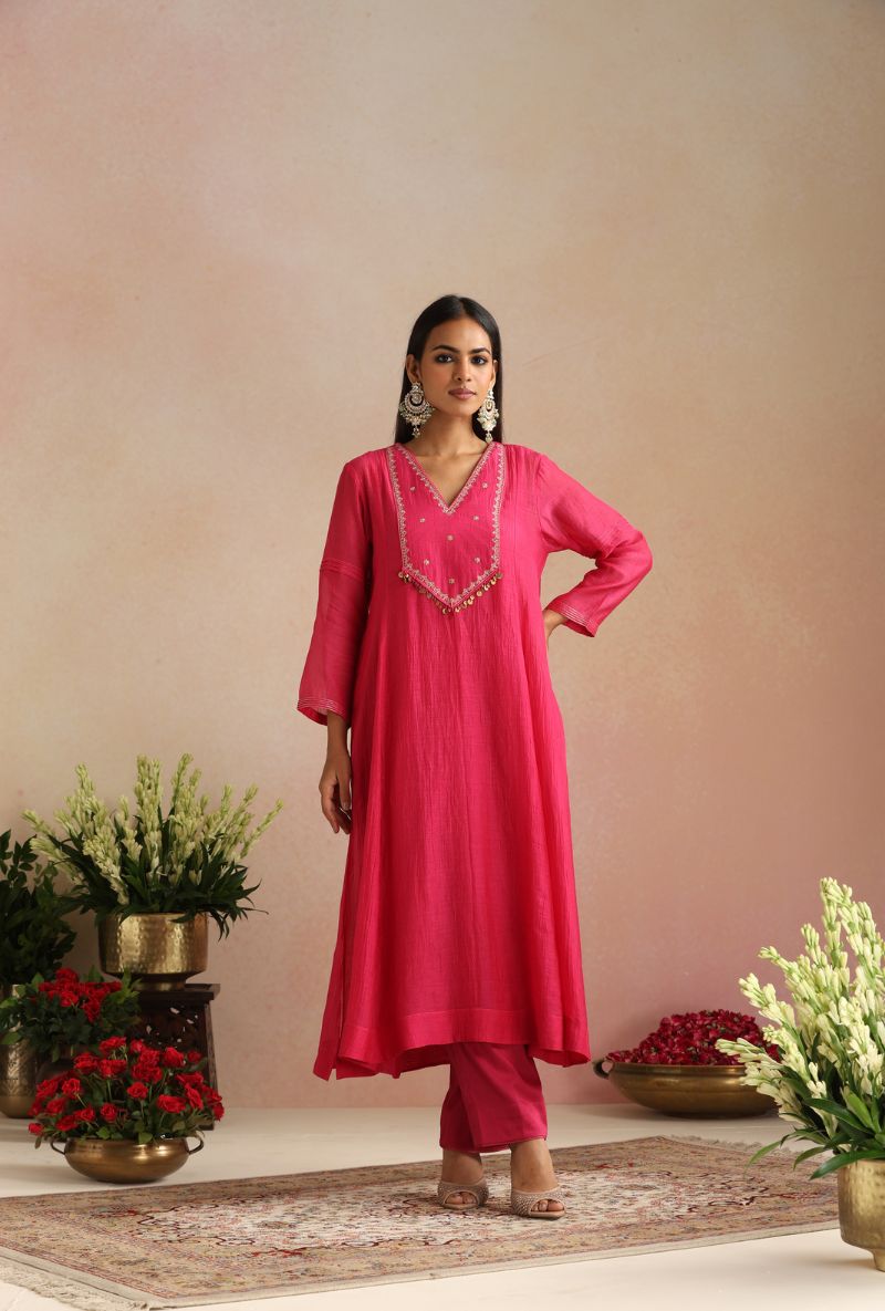 Magenta Emroidered Yoke Itrh Kurta Set