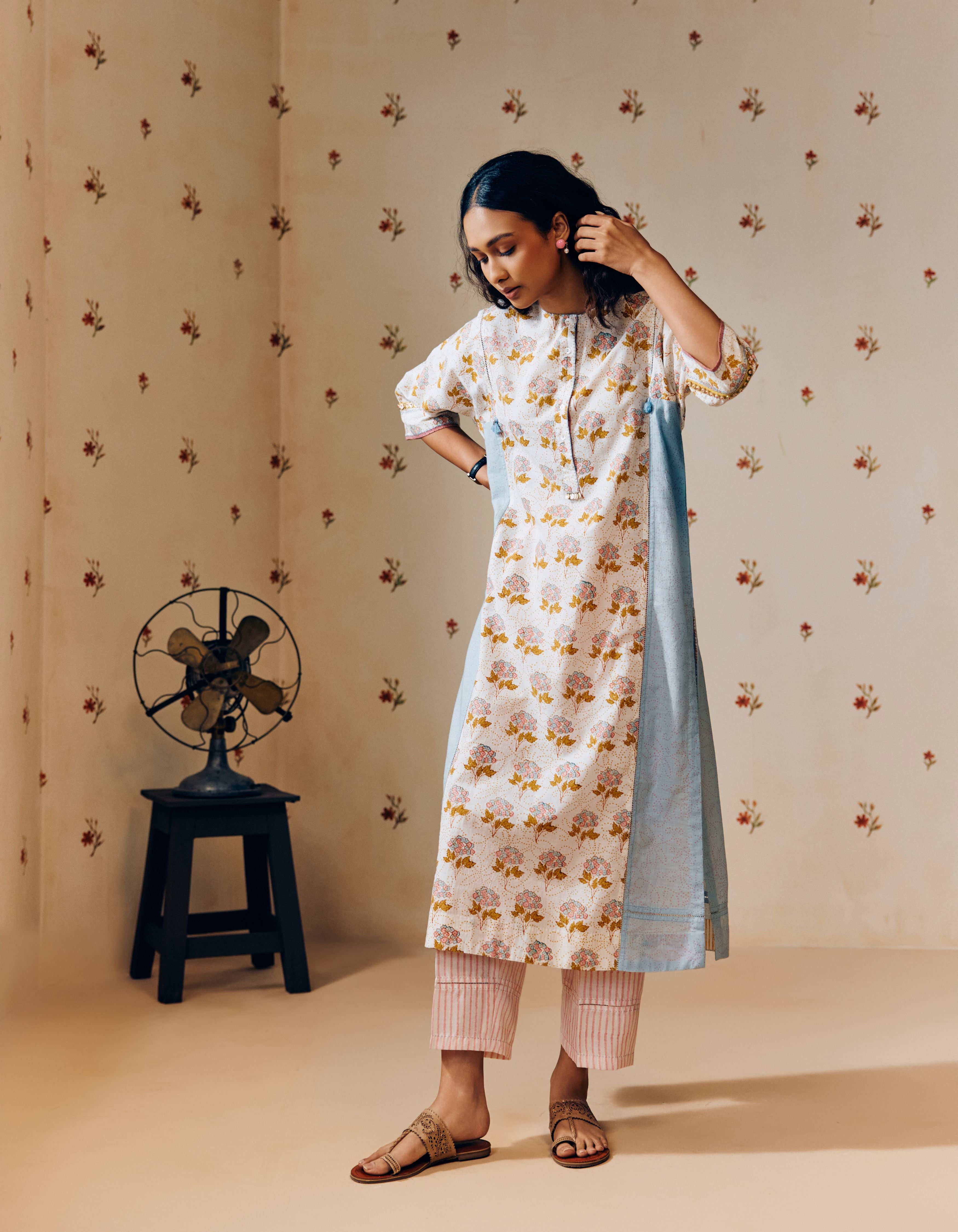Off-White And Powder Blue Poppy Print Mia Kurta Set