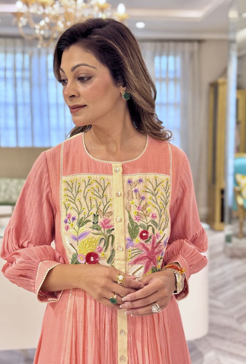 Meghna Nayyar in Peach Embroidered Yoke Jasmine Maple Dress Set