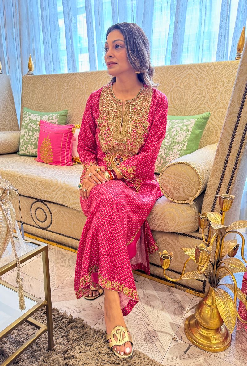 Meghna Nayyar in Pink Printed Pakhi Yoke Heavy Straight Kurta Set