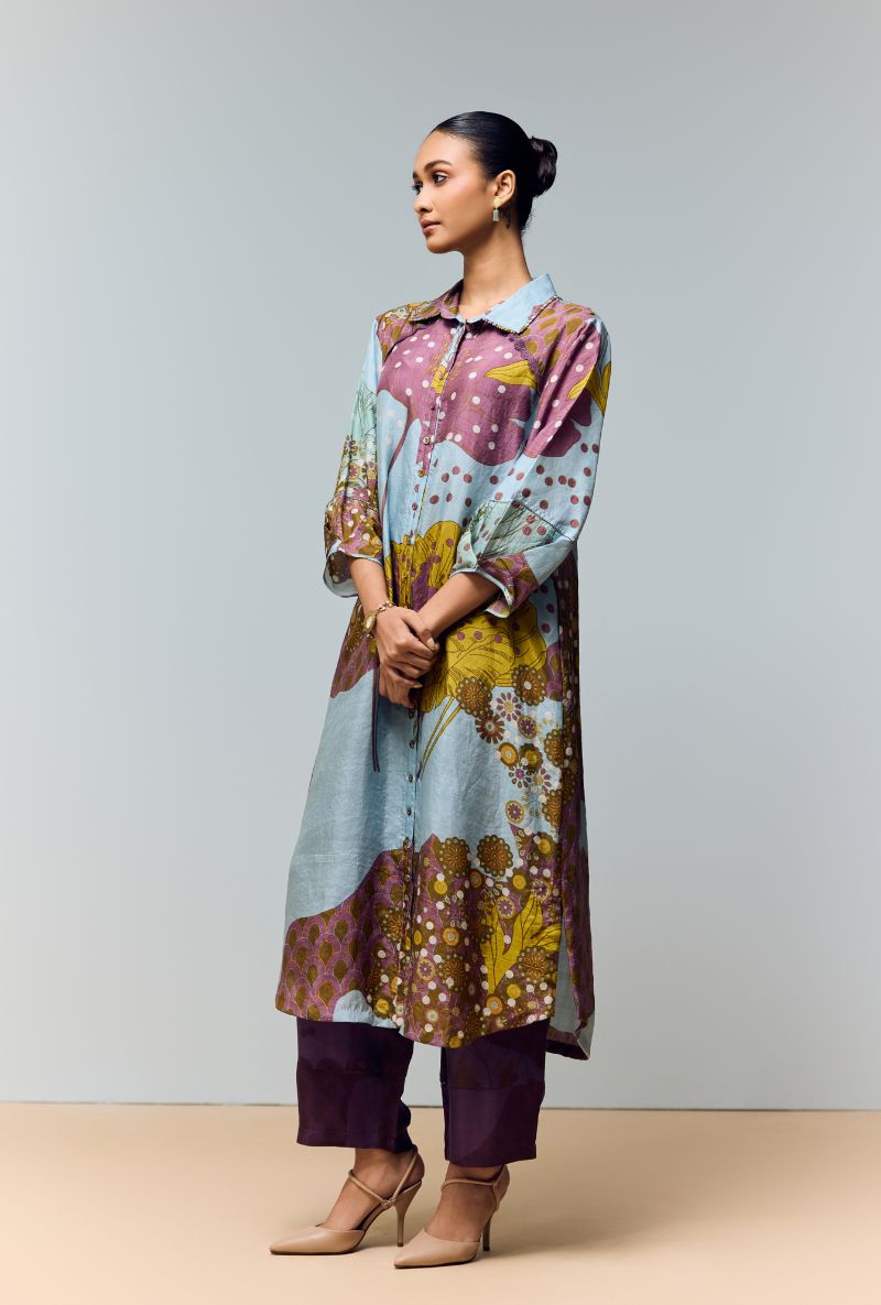 Greyish Blue Hand Printed Shirt Collar Eden Co-Ord Set