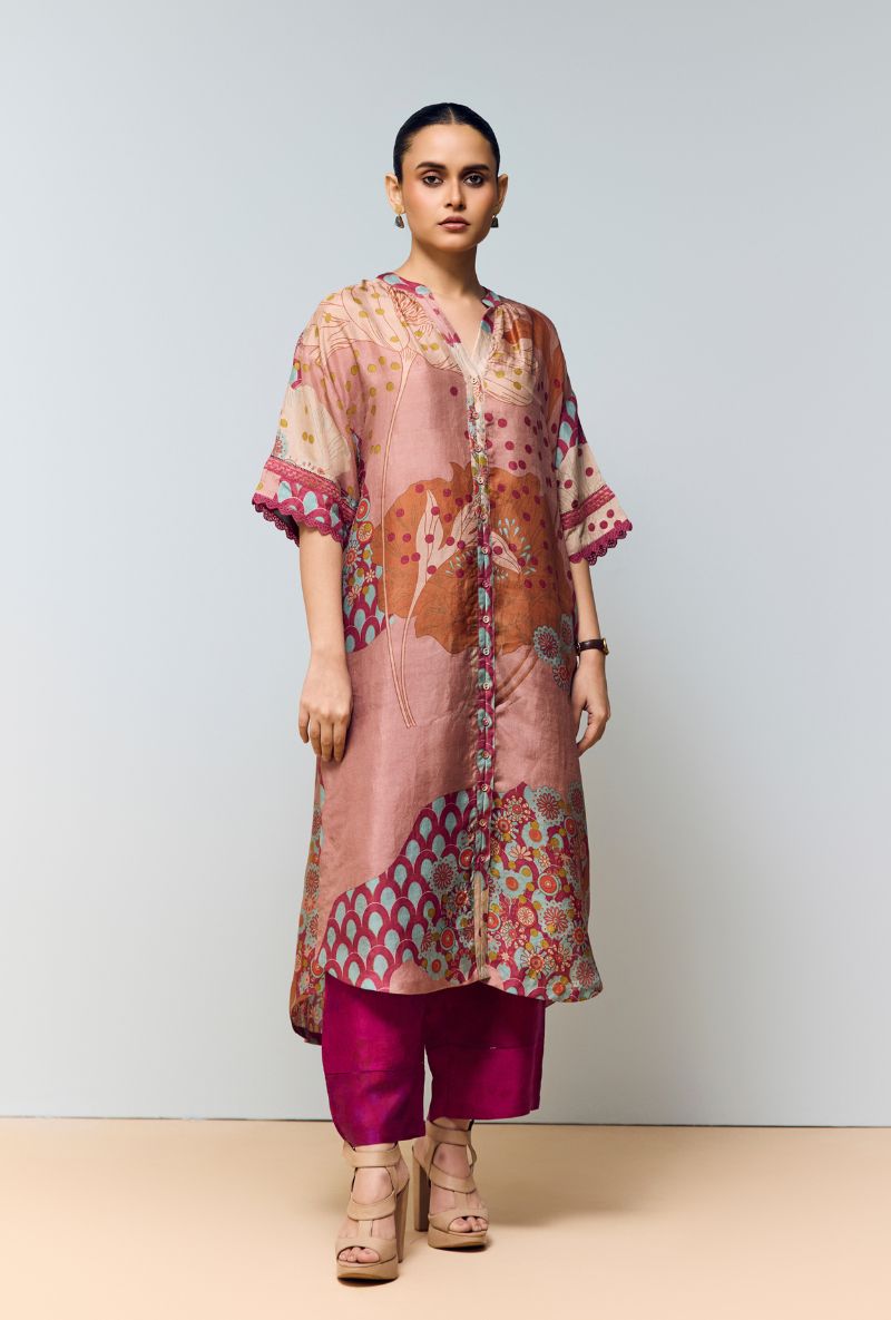 Magenta Pink Hand Printed Mandarin Collar Eden Co-ord Set