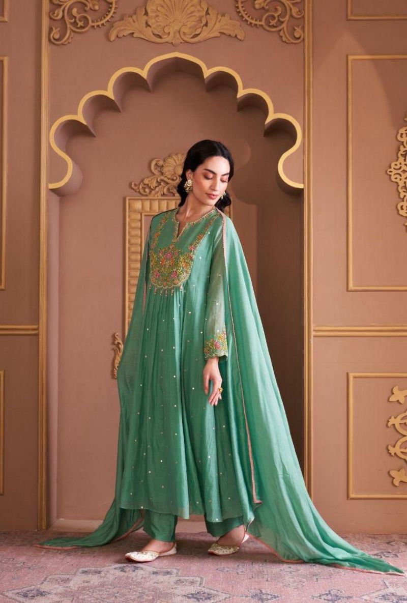 Sakshi Sindhwani in Aqua Resham Front Pleat Kurta Set