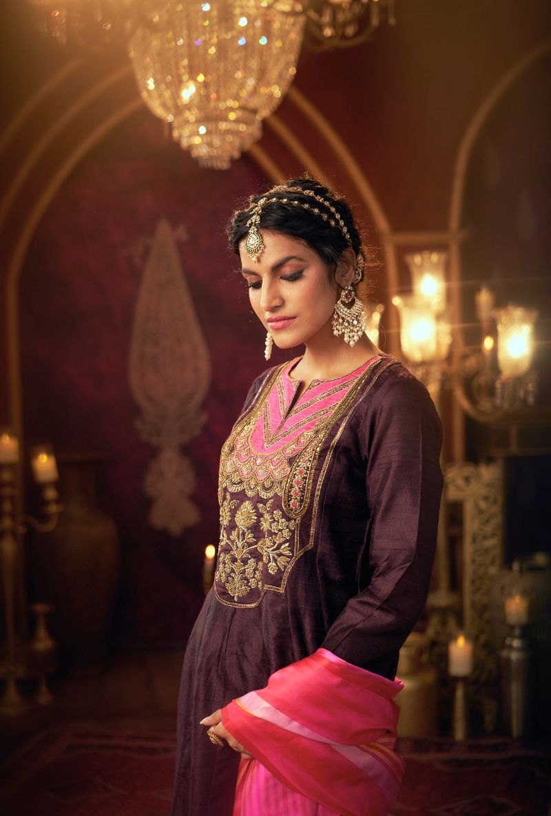 Wine Dabka and Resham Yoke Kainaat 2.0 Anarkali Set