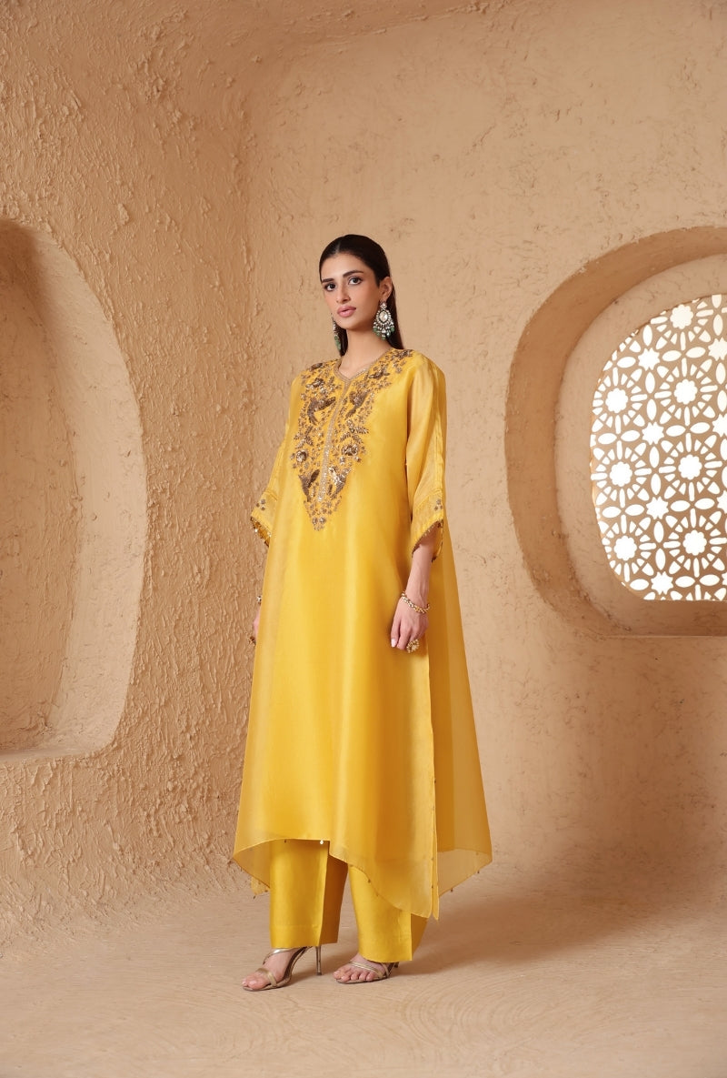 Yellow Heavy Yoke Kaftan Nihira Kurta Set