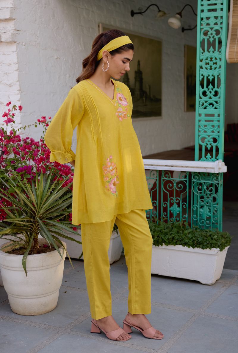 Mustard Floral Embroidered With Pintucks Vaidehi Co-ord Set