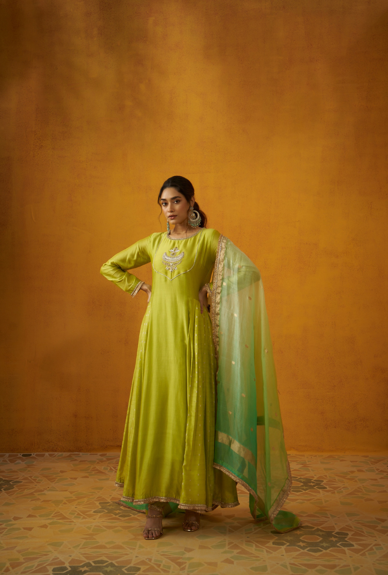 Green Kalidaar Embroidery Banarasi Kainaat Anarakali Set